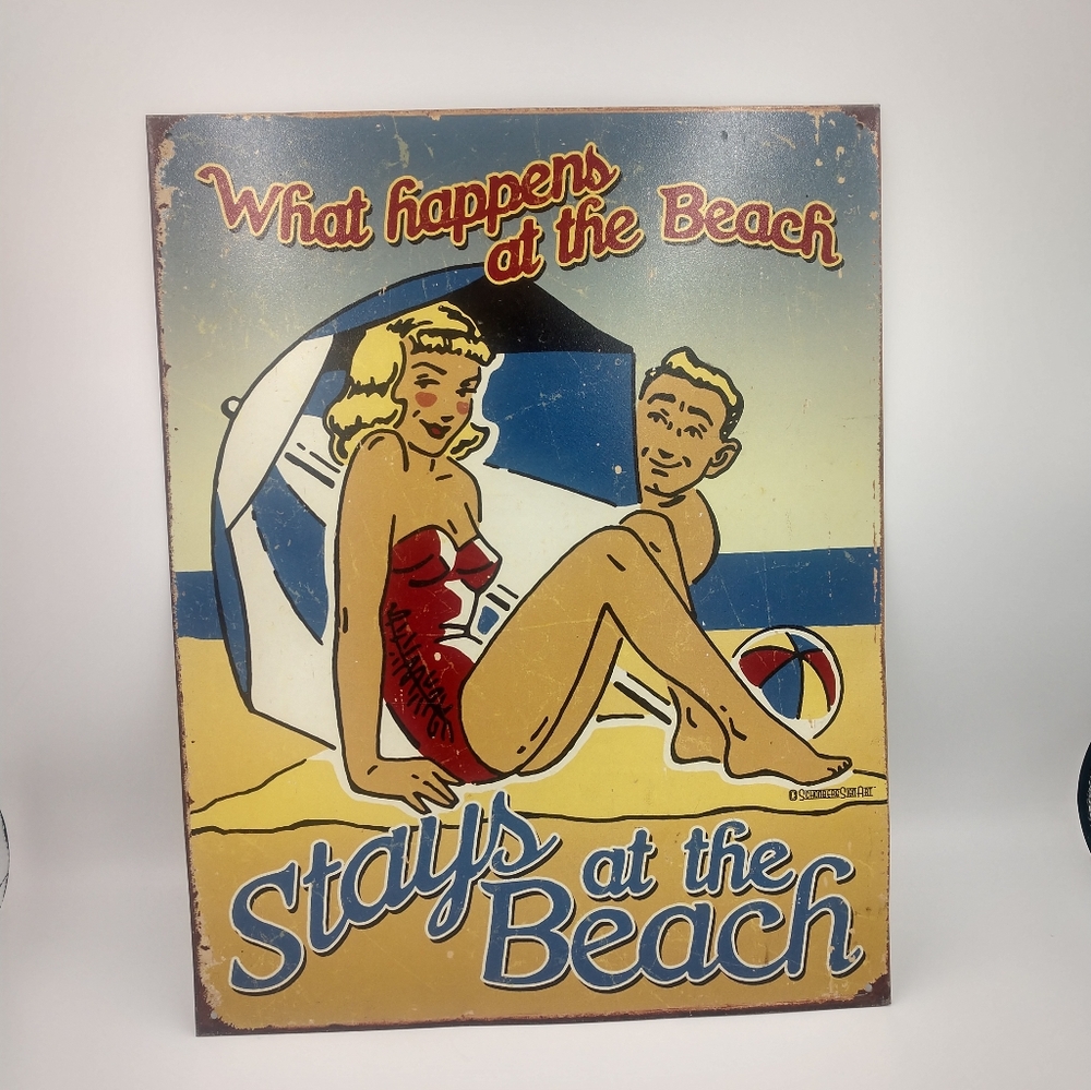 "What Happens at the Beach Stays at the Beach" Vtg Inspired 50-60s Metal Sign